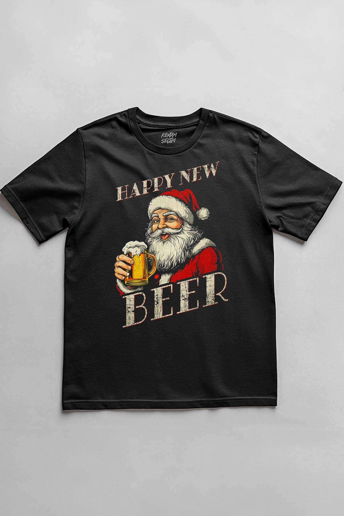 Siyah T-shirt Happy New Beer Yeni Yıl Noel Merry Christmas Baskılı Tişört - 1