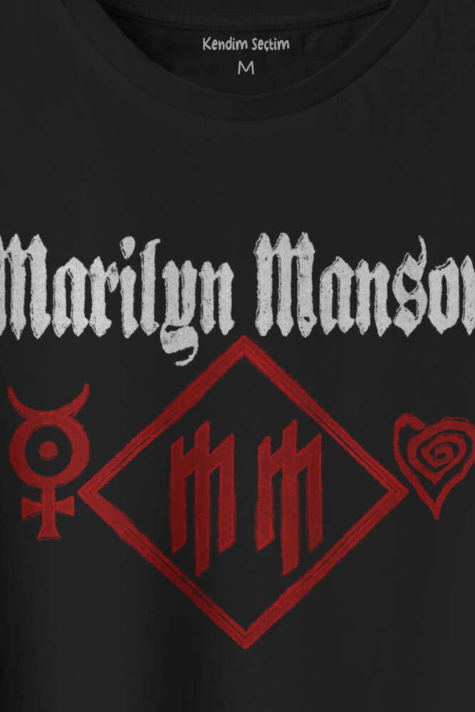 Siyah T-shirt Marilyn Manson Logo Kalp Rock Metal Müzik Baskılı Unisex Kısa Kollu Tişört (1)