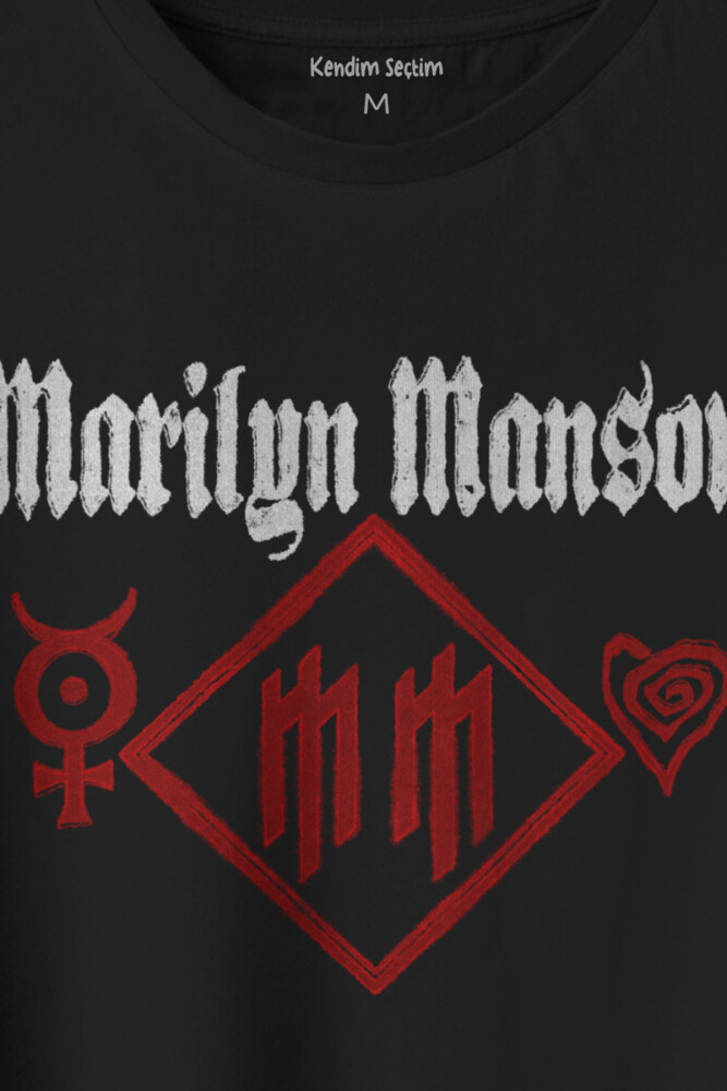 Siyah T-shirt Marilyn Manson Logo Kalp Rock Metal Müzik Baskılı Unisex Kısa Kollu Tişört (1)