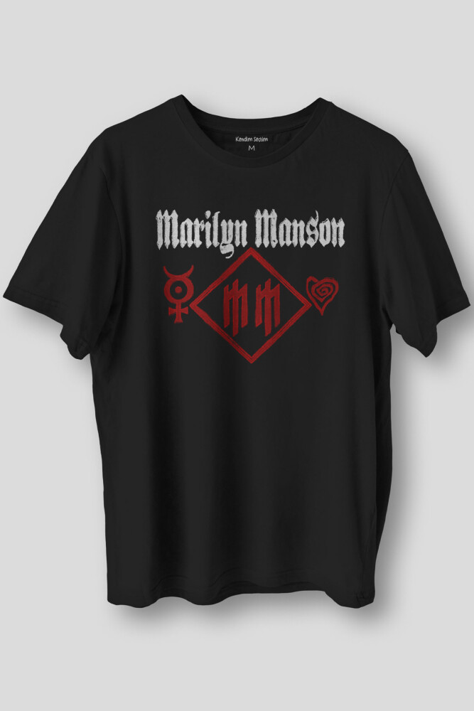 Siyah T-shirt Marilyn Manson Logo Kalp Rock Metal Müzik Baskılı Unisex Kısa Kollu Tişört - 1