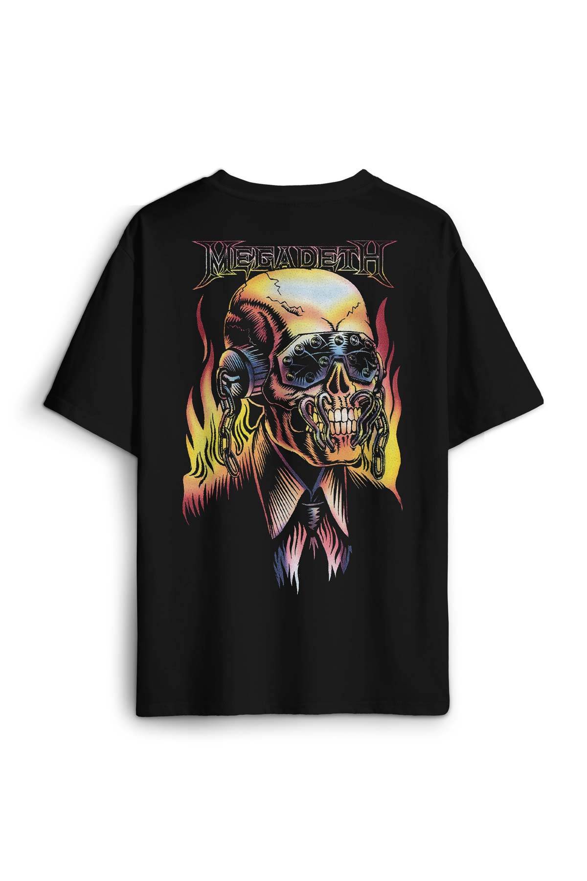 Siyah T-shirt Megadeth Skull Metal Music Sırt Ön Baskılı Oversize Tişört Unisex T-Shirt - 1