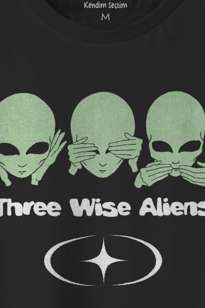Siyah T-shirt Three Wise Aliens Ufo Mars Evrim Ağacı Uzay Kozmos Baskılı Unisex T-shirt - 2