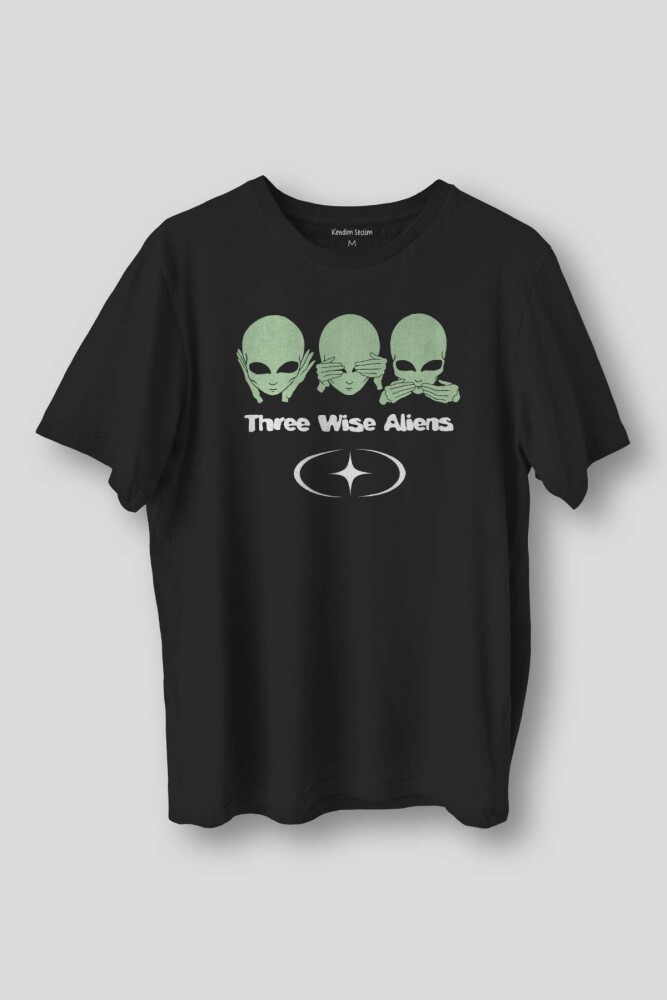Siyah T-shirt Three Wise Aliens Ufo Mars Evrim Ağacı Uzay Kozmos Baskılı Unisex T-shirt - 1