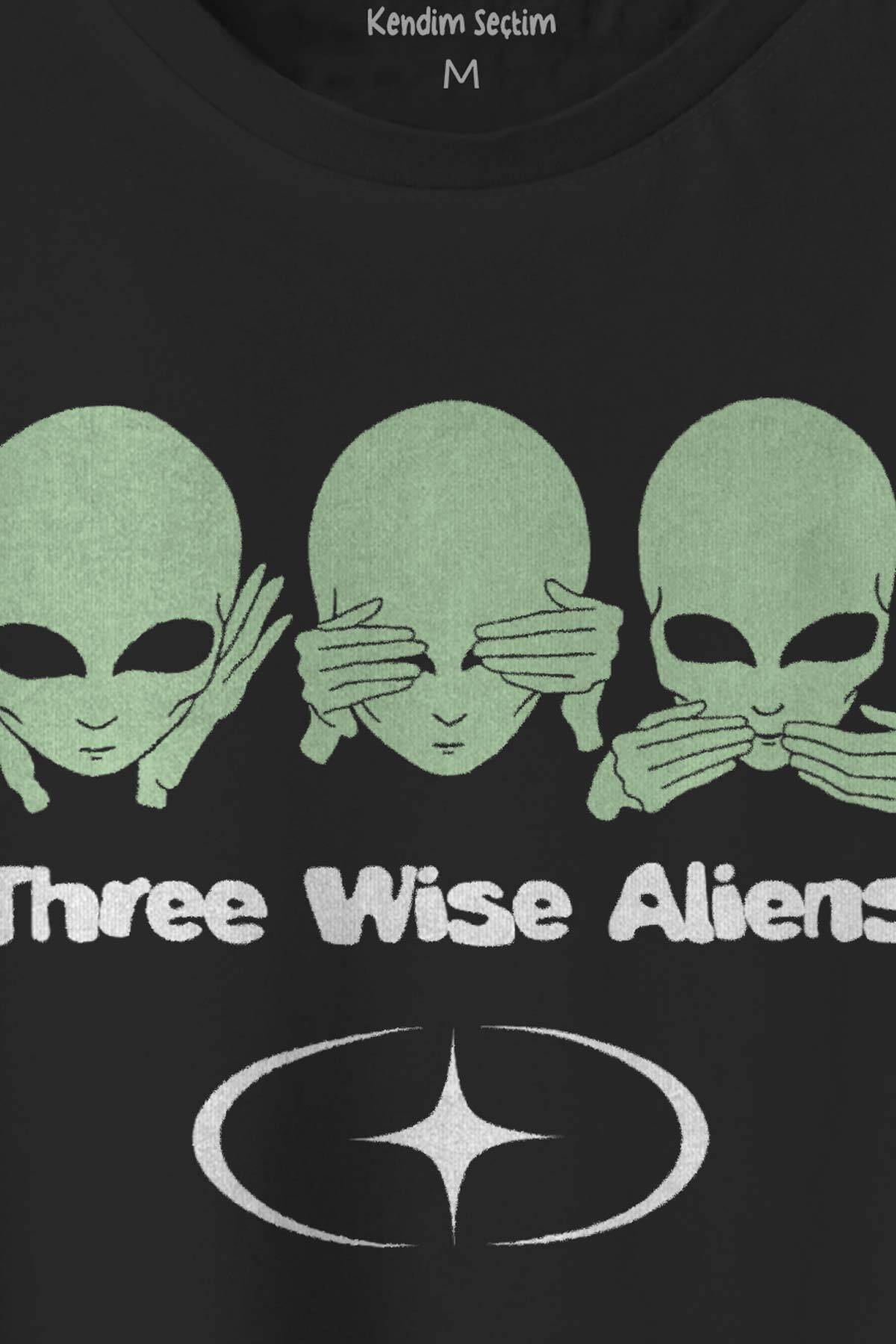 Siyah T-shirt Three Wise Aliens Ufo Mars Evrim Ağacı Uzay Kozmos Baskılı Unisex T-shirt (1)