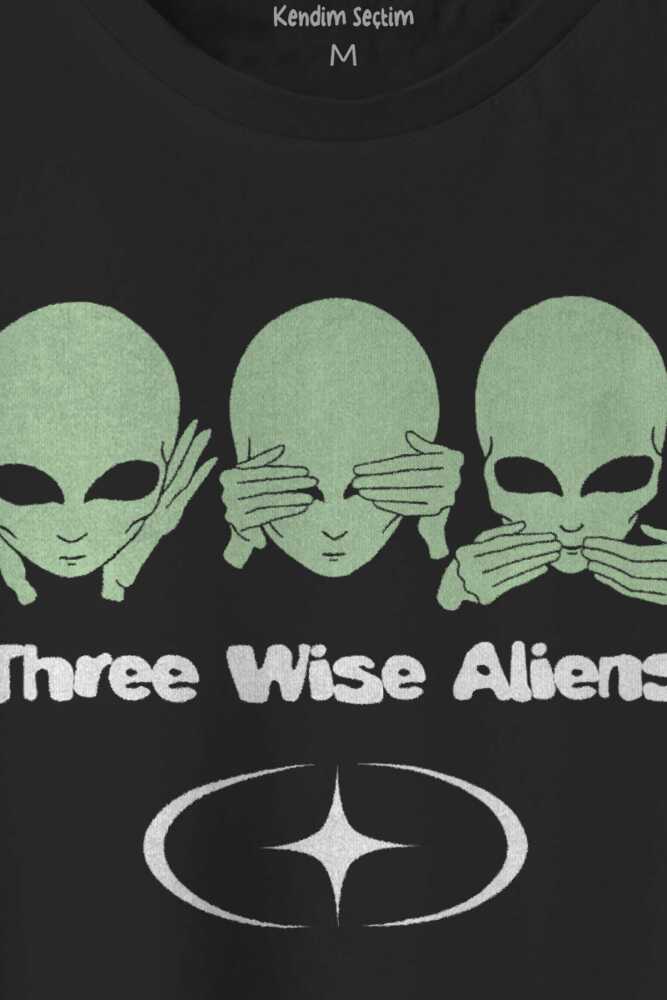 Siyah T-shirt Three Wise Aliens Ufo Mars Evrim Ağacı Uzay Kozmos Baskılı Unisex T-shirt (1)
