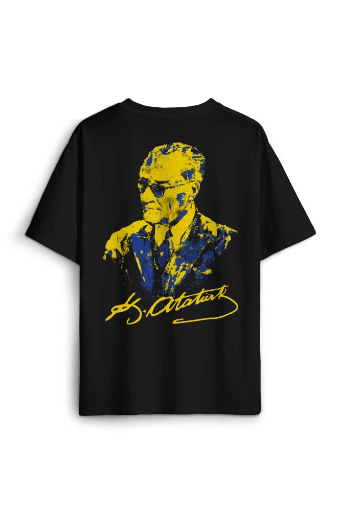 Siyah Tişört Atatürk Sarı Lacivert Sırt Ön Baskılı Oversize Tişört Unisex T-Shirt - 1