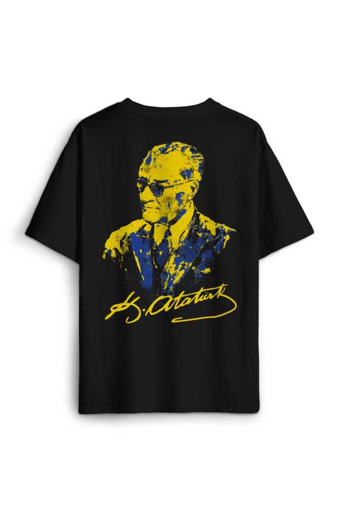 Siyah Tişört Atatürk Sarı Lacivert Sırt Ön Baskılı Oversize Tişört Unisex T-Shirt - 1