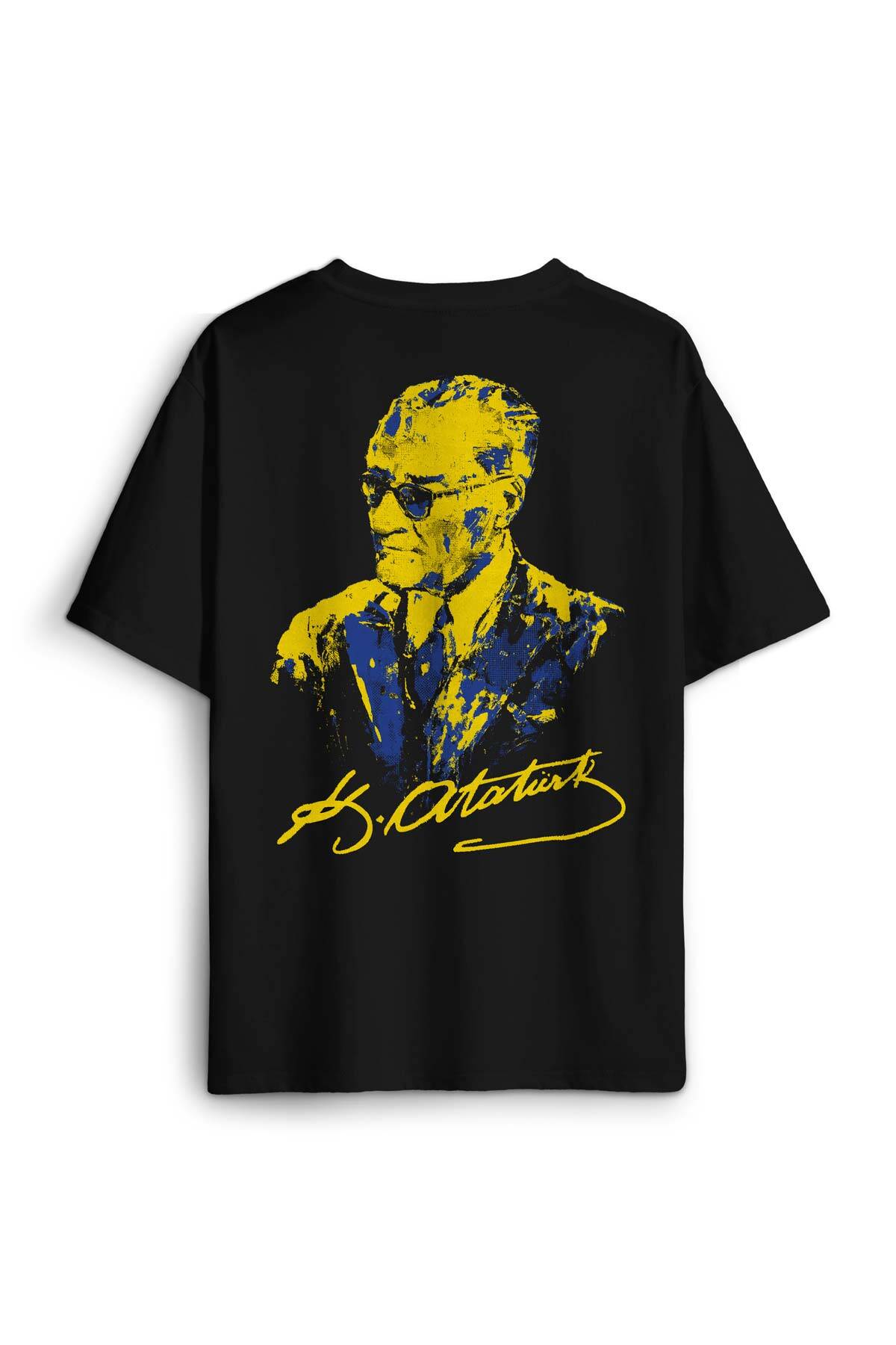 Siyah Tişört Atatürk Sarı Lacivert Sırt Ön Baskılı Oversize Tişört Unisex T-Shirt