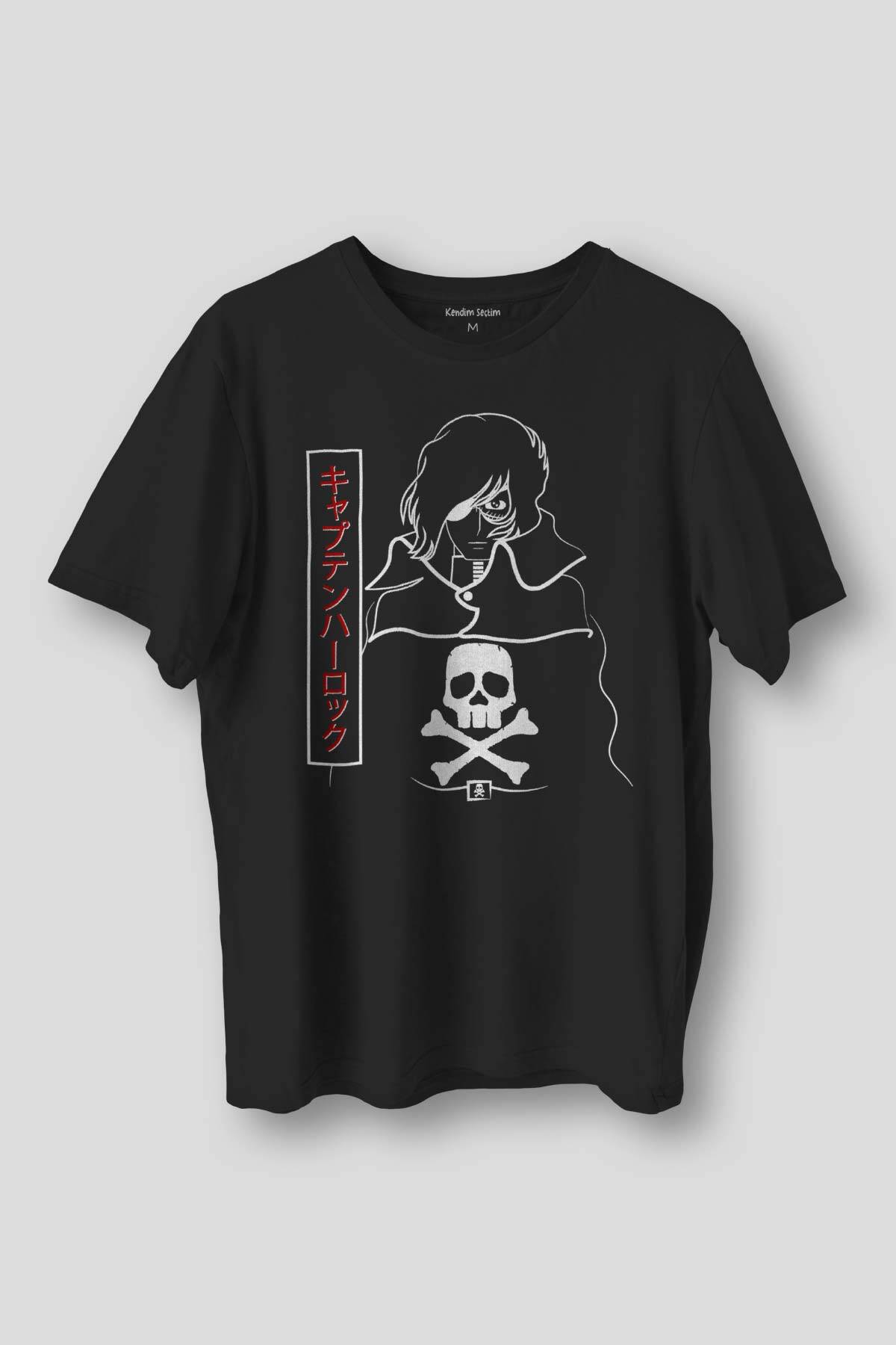 Siyah Tişört Captain Harlock Anime Tişört  Retro Uzay Korsanı Baskılı Unisex Tshirt