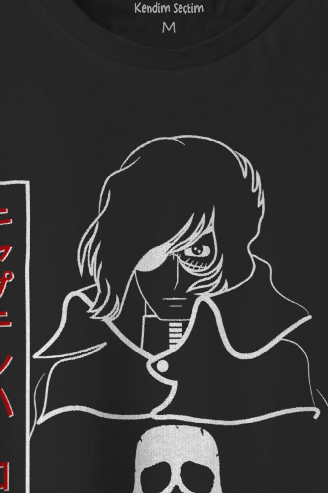 Siyah Tişört Captain Harlock Anime Tişört  Retro Uzay Korsanı Baskılı Unisex Tshirt (1)