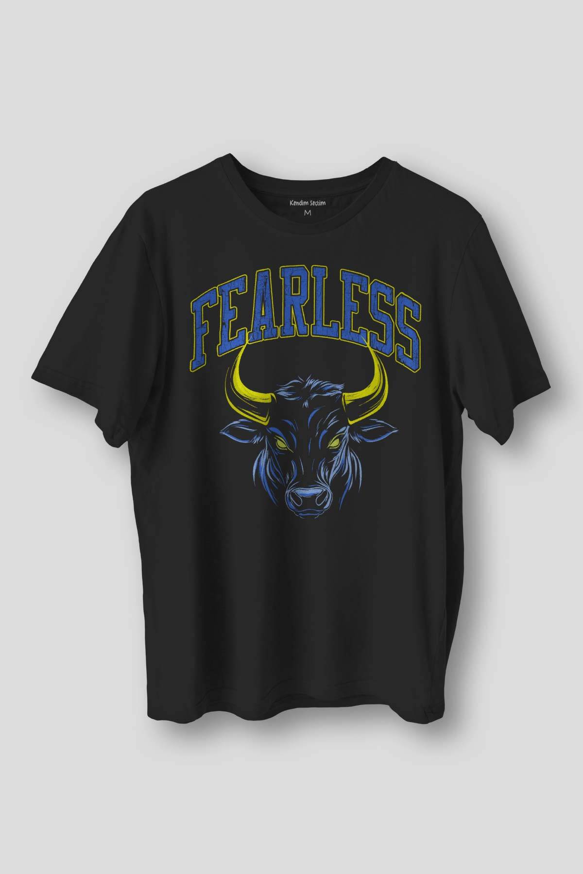 Siyah Tişört Fearless Boğa Bull 1907 Sarı Lacivert Gym Spor Korkusuz Yazı Baskılı Unisex T-shirt