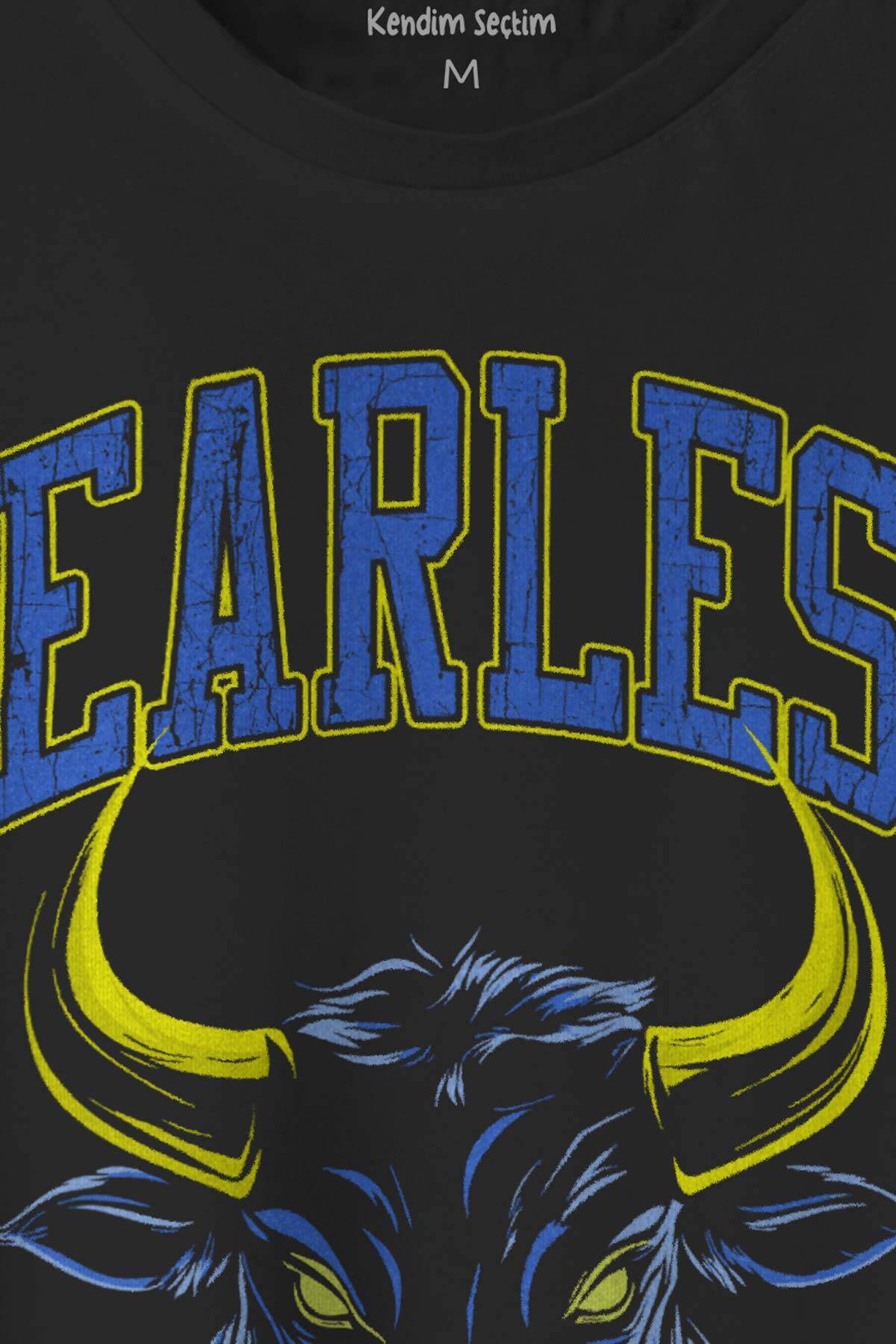 Siyah Tişört Fearless Boğa Bull 1907 Sarı Lacivert Gym Spor Korkusuz Yazı Baskılı Unisex T-shirt (1)