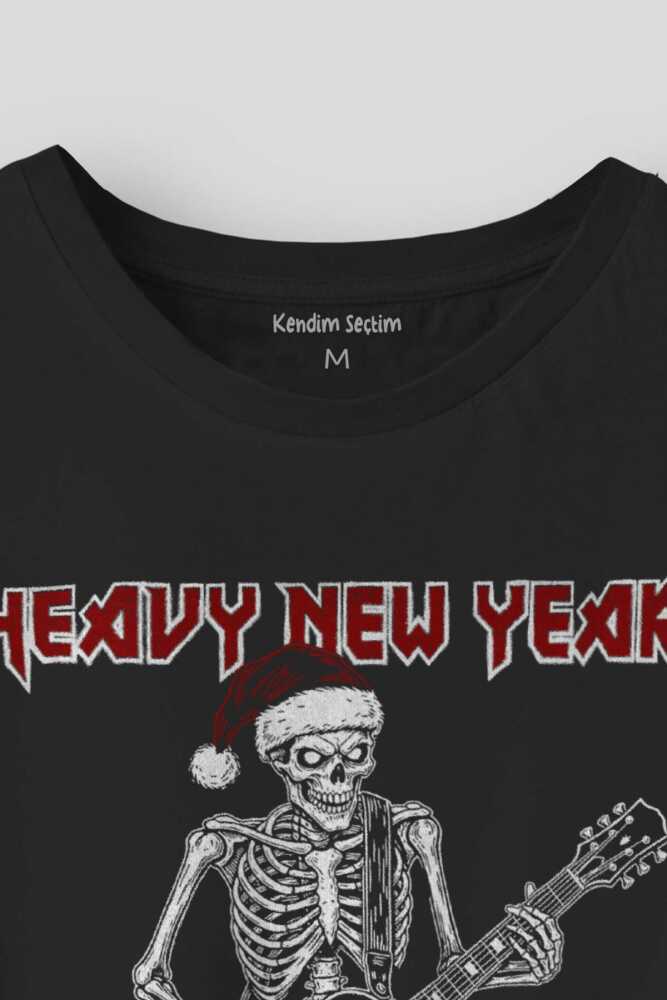Siyah Tişört Heavy Metal Happy New Year Yeni Yıl Noel Merry Christmas Noel Yılbaşı Baskılı Unisex T-shirt (1)