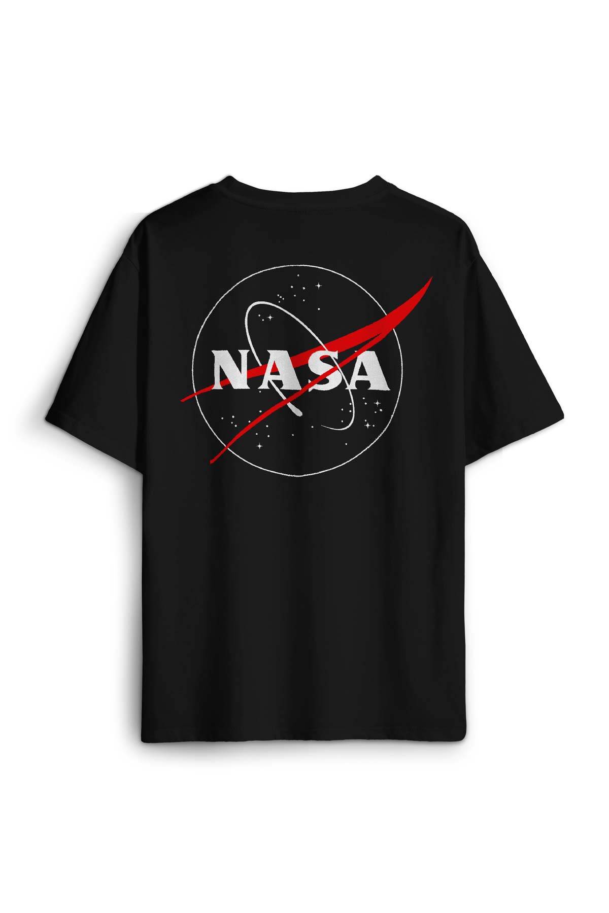 Siyah Tişört Nasa Logosu Uzay Cosmos Sırt Ön Baskılı Oversize Tişört Unisex T-Shirt