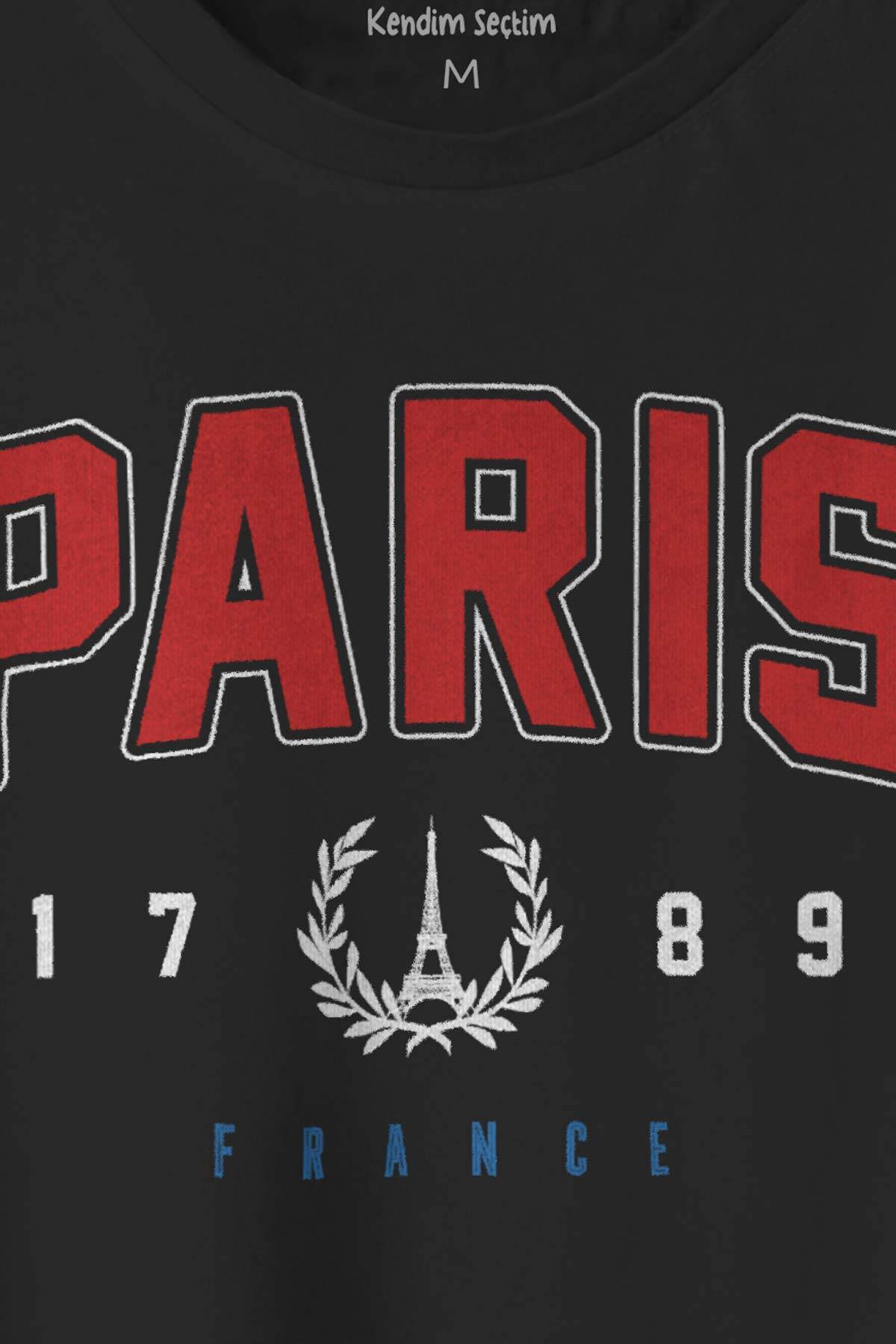 Siyah Tişört Paris Fransa City France Yazı Baskılı Unisex Kısa Kollu T-shirt (1)