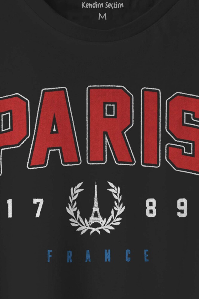 Siyah Tişört Paris Fransa City France Yazı Baskılı Unisex Kısa Kollu T-shirt (1)