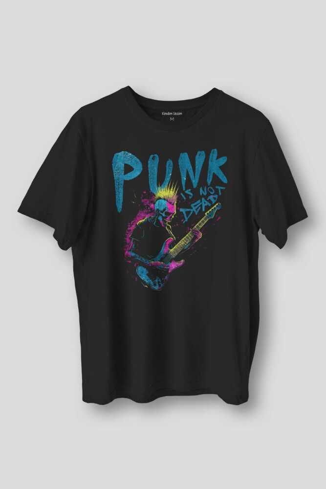Siyah Tişört Punk Is Not Dead Guitar Mohawk Rock Music Gitar Skeleton Baskılı Unisex T-shirt
