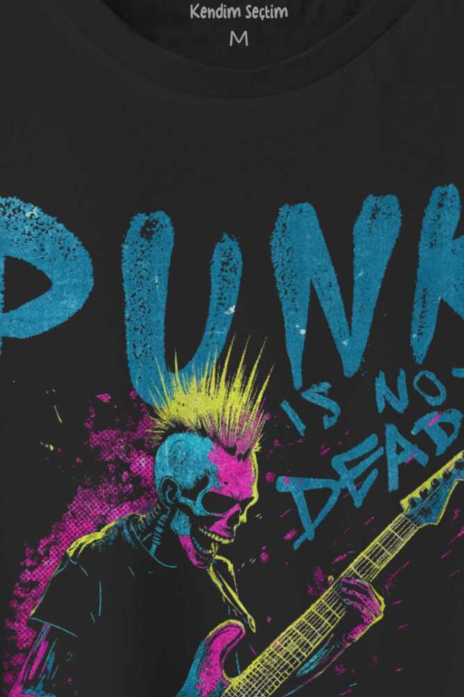 Siyah Tişört Punk Is Not Dead Guitar Mohawk Rock Music Gitar Skeleton Baskılı Unisex T-shirt (1)