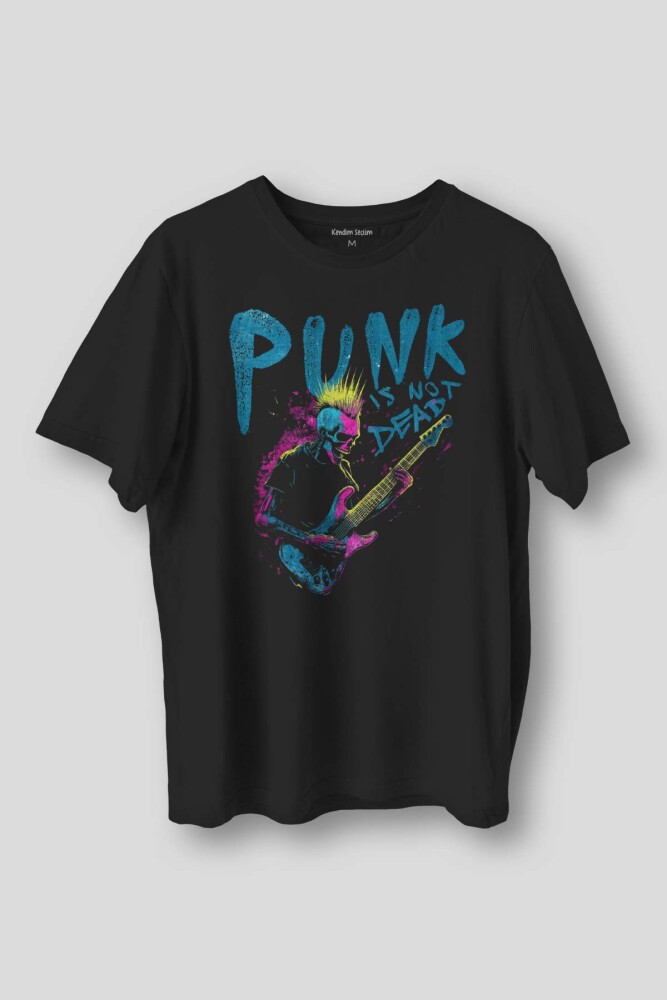 Siyah Tişört Punk Is Not Dead Guitar Mohawk Rock Music Gitar Skeleton Baskılı Unisex T-shirt