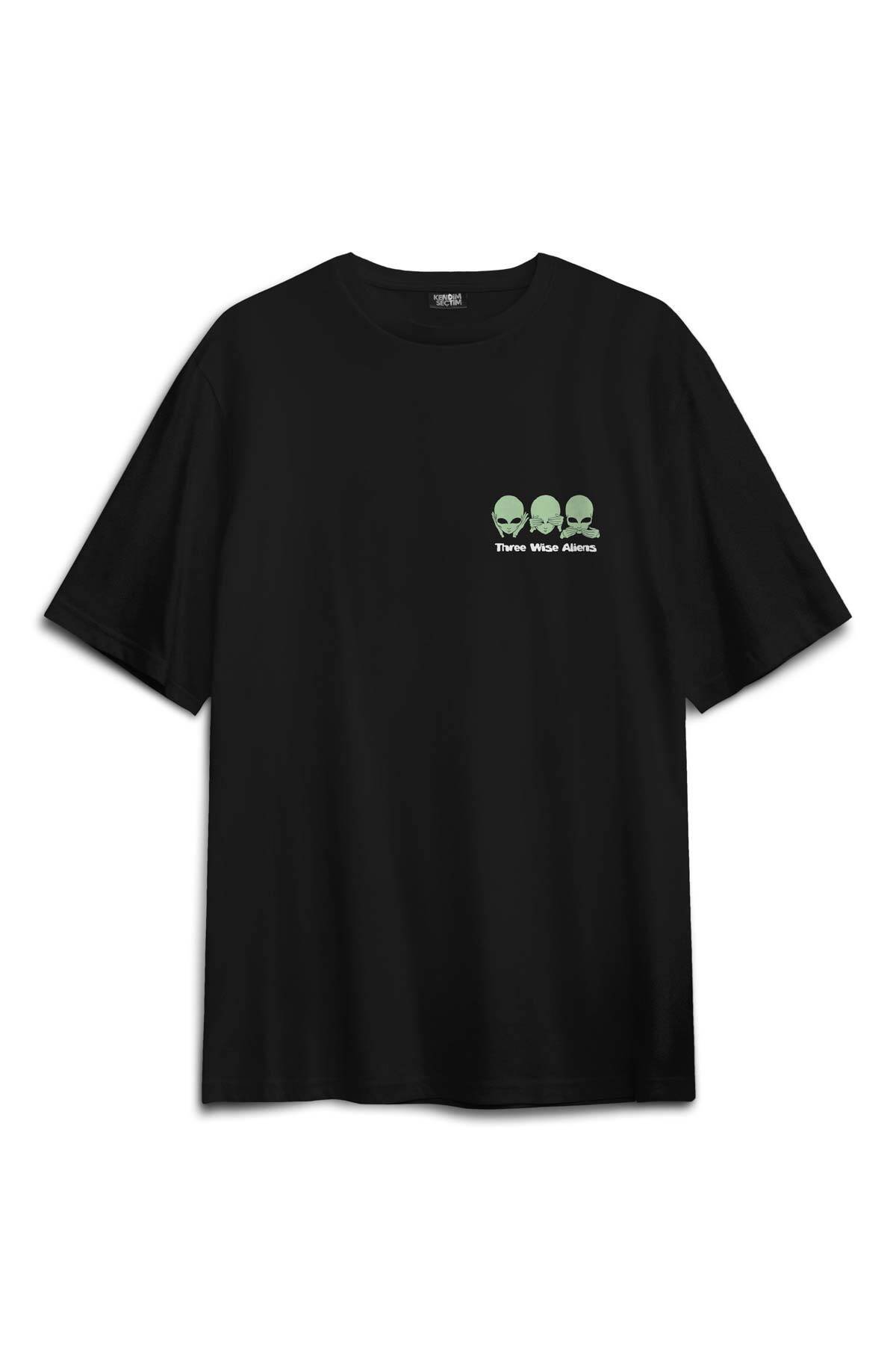 Siyah Tişört Three Wise Aliens Ufo Mars Uzay Kozmos Minimal Baskılı Oversize T-shirt (1)