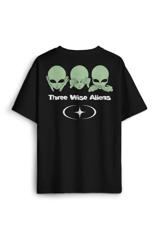 Siyah Tişört Three Wise Aliens Ufo Mars Uzay Kozmos Minimal Baskılı Oversize T-shirt - KENDİM SEÇTİM