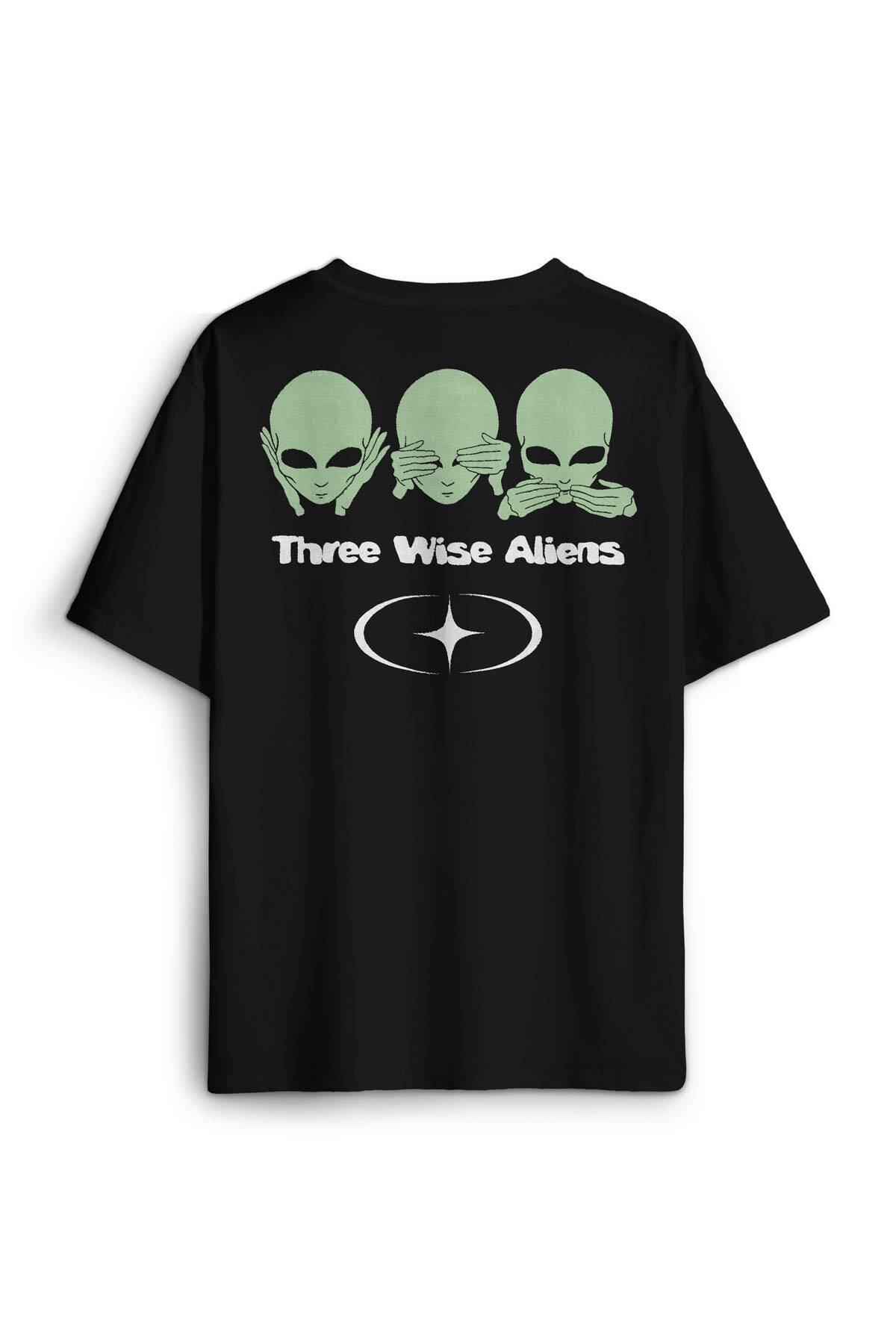 Siyah Tişört Three Wise Aliens Ufo Mars Uzay Kozmos Minimal Baskılı Oversize T-shirt - 1