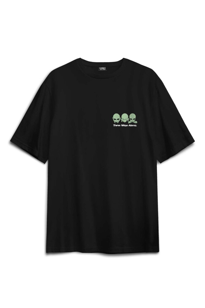 Siyah Tişört Three Wise Aliens Ufo Mars Uzay Kozmos Minimal Baskılı Oversize T-shirt - 2