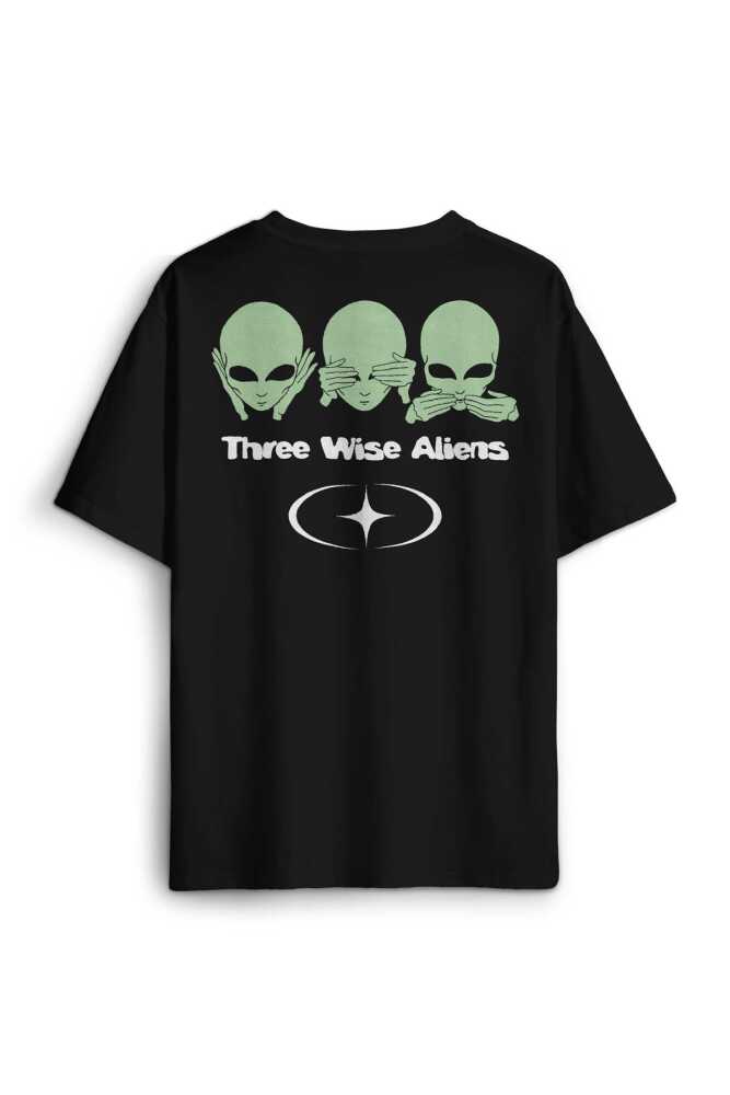 Siyah Tişört Three Wise Aliens Ufo Mars Uzay Kozmos Minimal Baskılı Oversize T-shirt