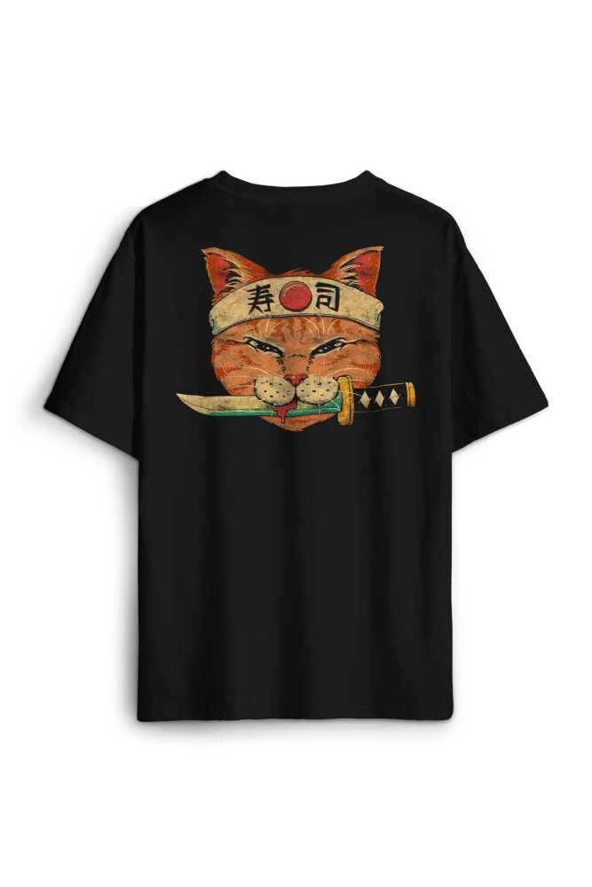 Siyah Unisex Cat Sushi Japanese Vintage Sokak Sırt Ön Baskılı Oversize Tişört - 1