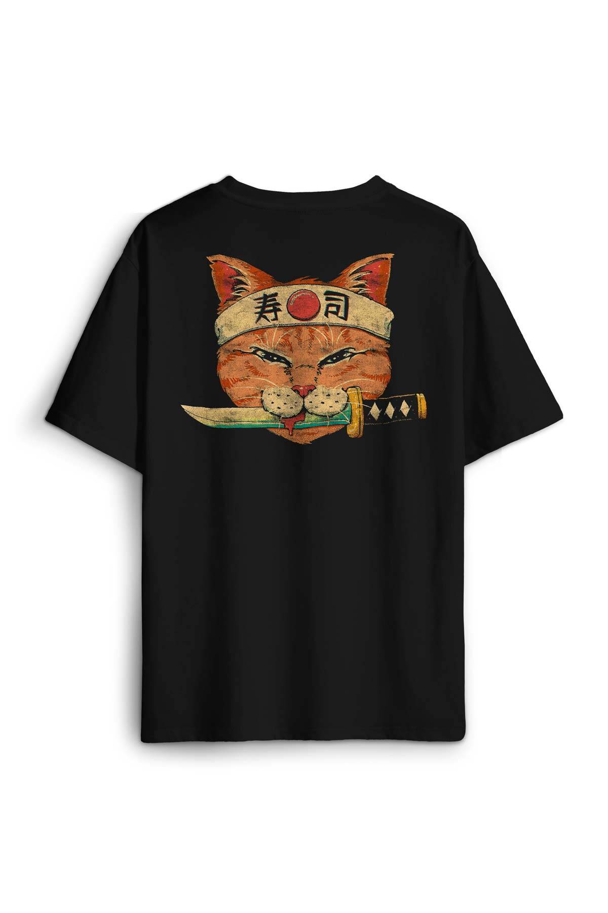 Siyah Unisex Cat Sushi Japanese Vintage Sokak Sırt Ön Baskılı Oversize Tişört - 1