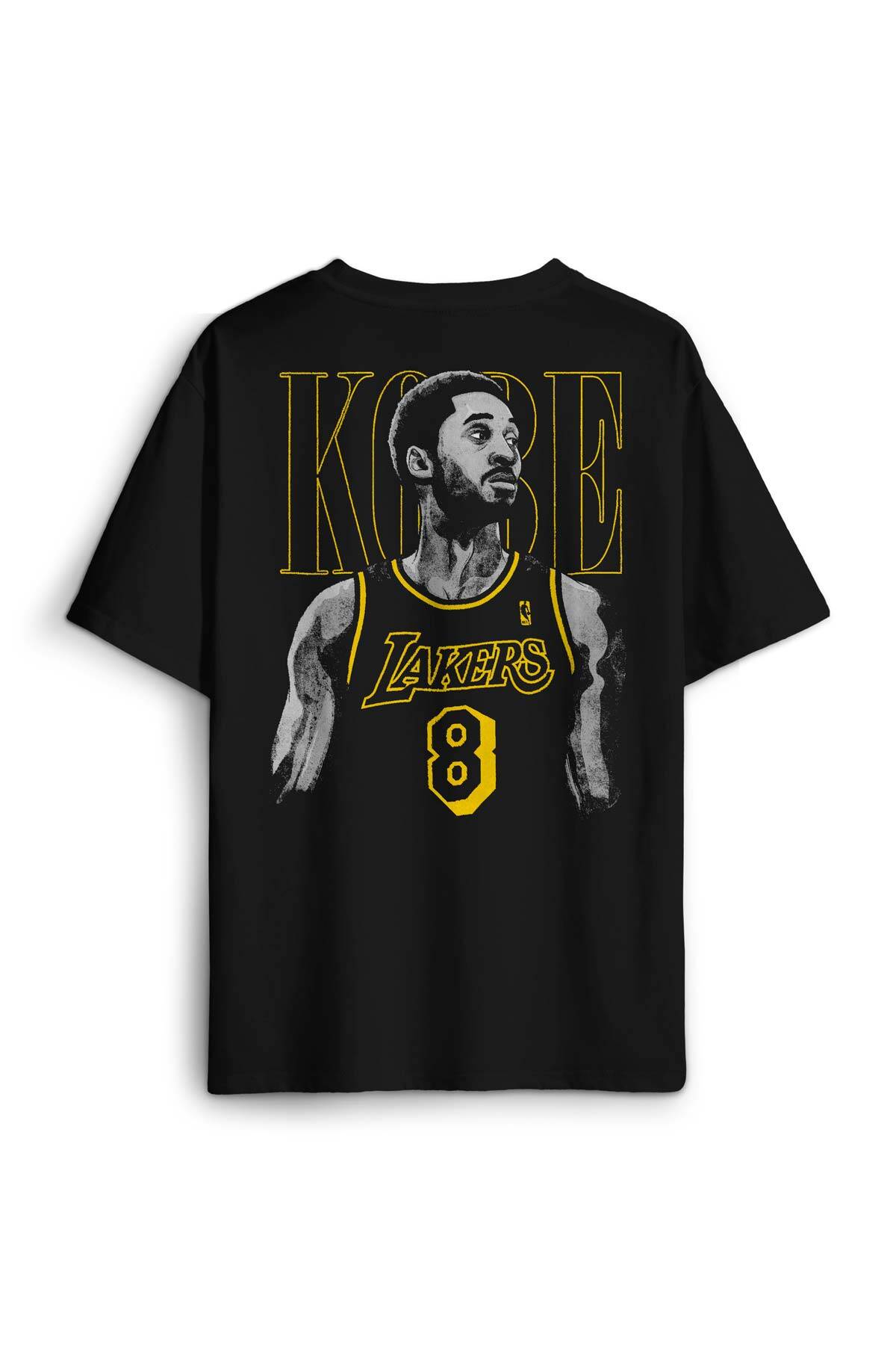 Siyah Unisex T-Shirt Kobe Bryant Los Angeles No 8 Basketball Sırt Ön Baskılı Oversize Tişört - 1