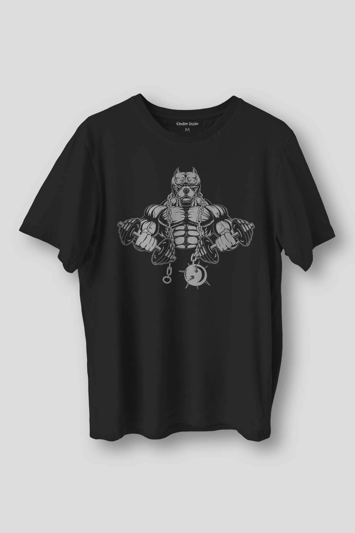 Siyah Unisex Tişört Gym Pitbull Body Bulding Train Hard Regular Fit T-shirt