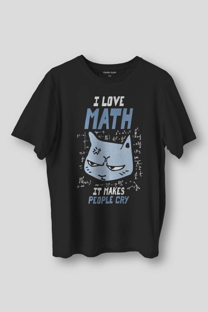 Siyah Unisex Tişört I Love Math Matematik Formül Kedi Siyah T-shirt - KENDİM SEÇTİM