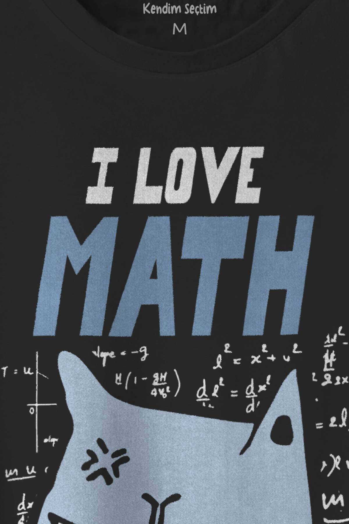 Siyah Unisex Tişört I Love Math Matematik Formül Kedi Siyah T-shirt - 2