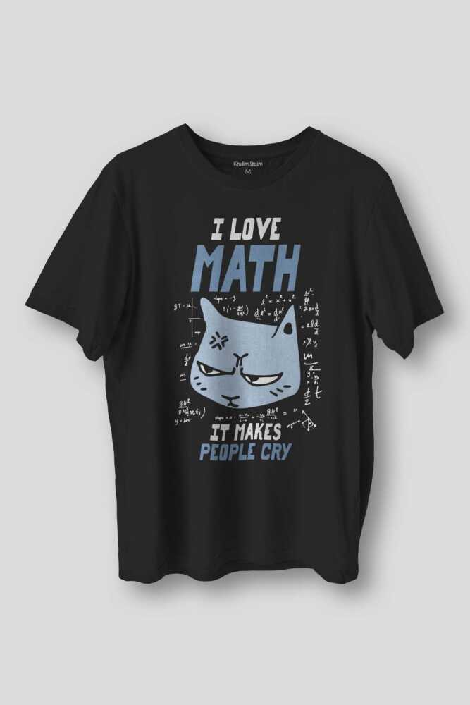 Siyah Unisex Tişört I Love Math Matematik Formül Kedi Siyah T-shirt