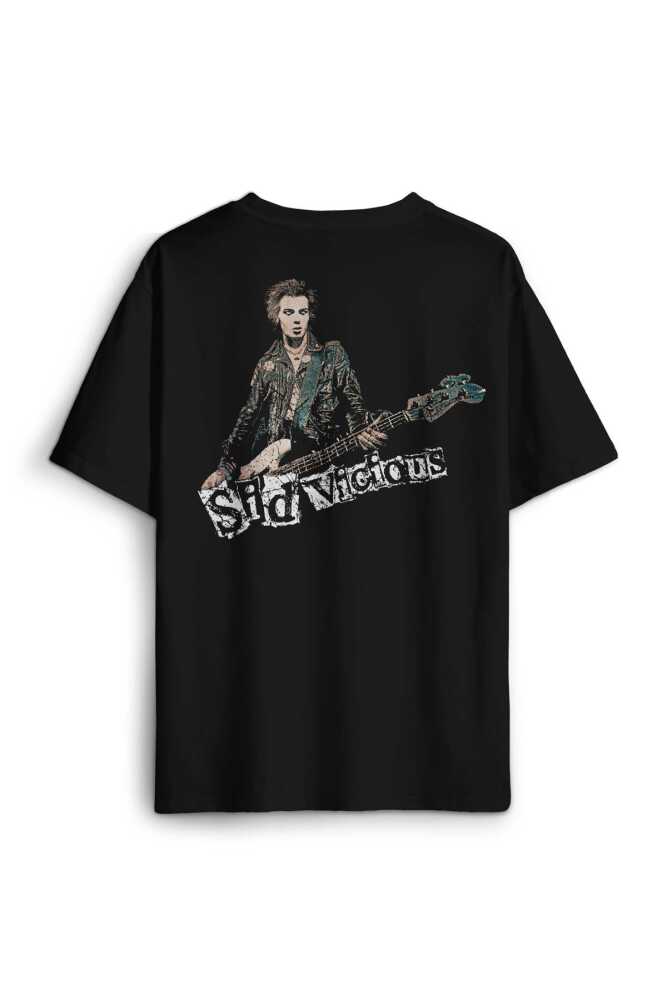 Siyah Unisex Tişört Sid Vicious Sex Pistols Bass Guitar Music Punk Sırt Ön Baskılı Oversize T-shirt (1)