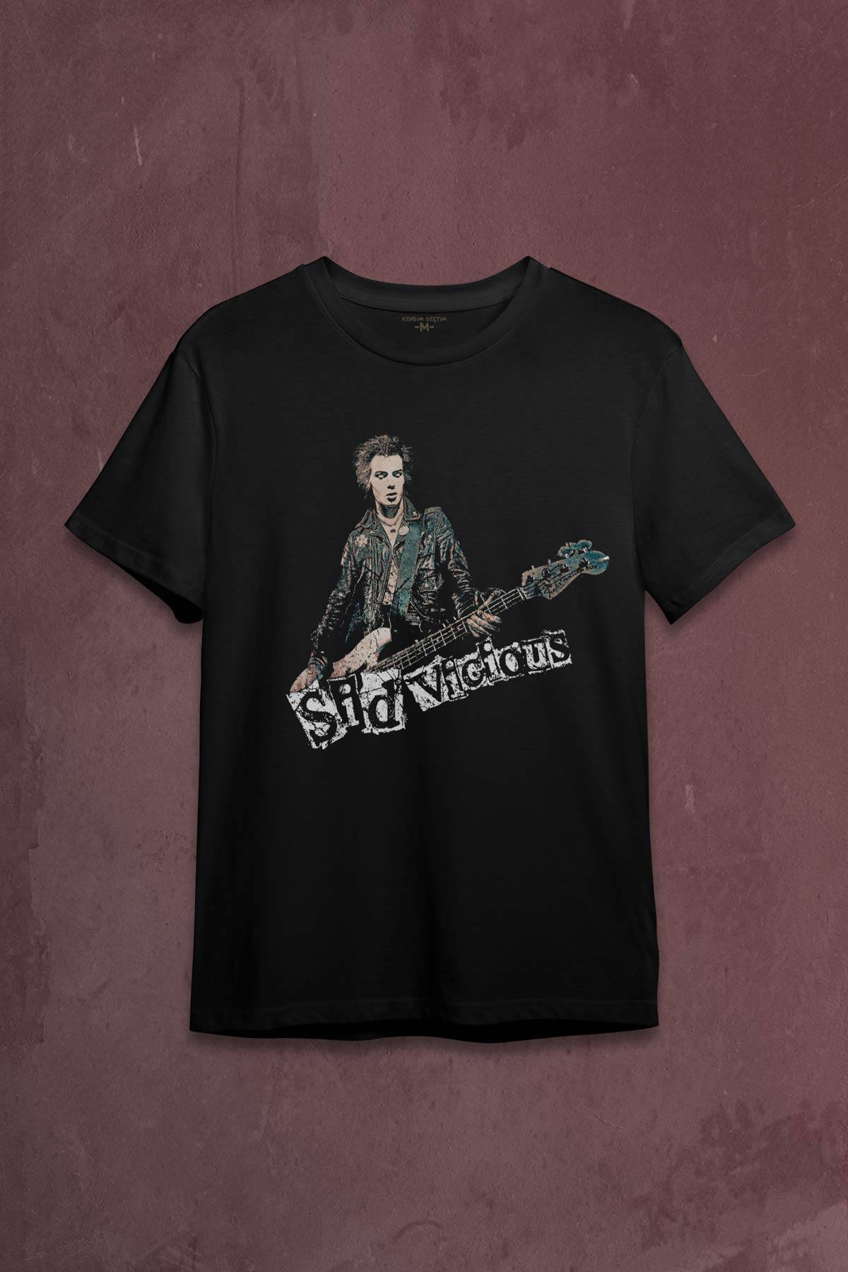 Siyah Unisex Tshirt Sid Vicious Sex Pistols Bass Guitar Music Punk Baskili Tisort - 1