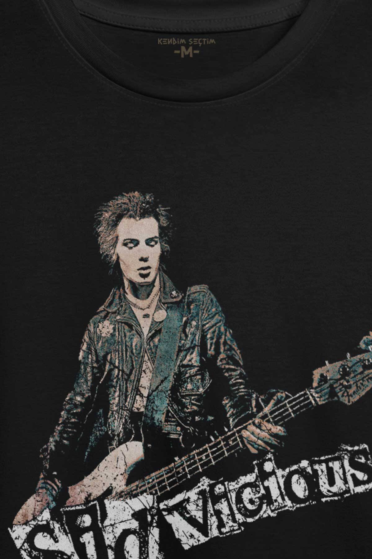 Siyah Unisex Tshirt Sid Vicious Sex Pistols Bass Guitar Music Punk Baskili Tisort - 2