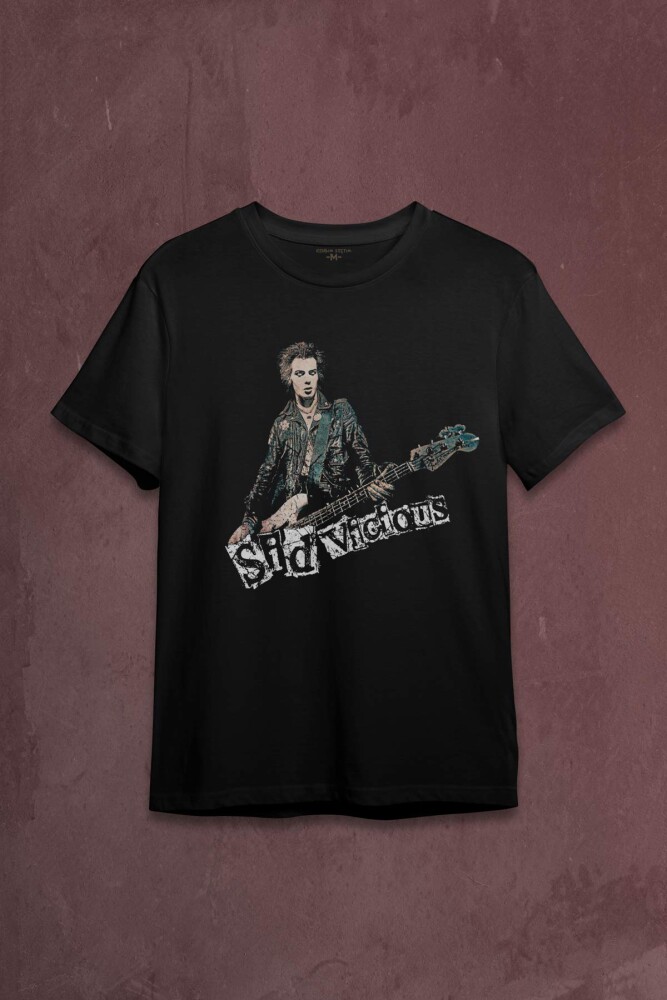 Siyah Unisex Tshirt Sid Vicious Sex Pistols Bass Guitar Music Punk Baskili Tisort - 1