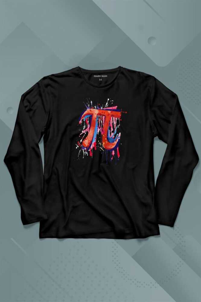 Siyah Uzun Kollu Pi Sayısı Sembolü Logo Baskılı Tişört Unisex T-Shirt