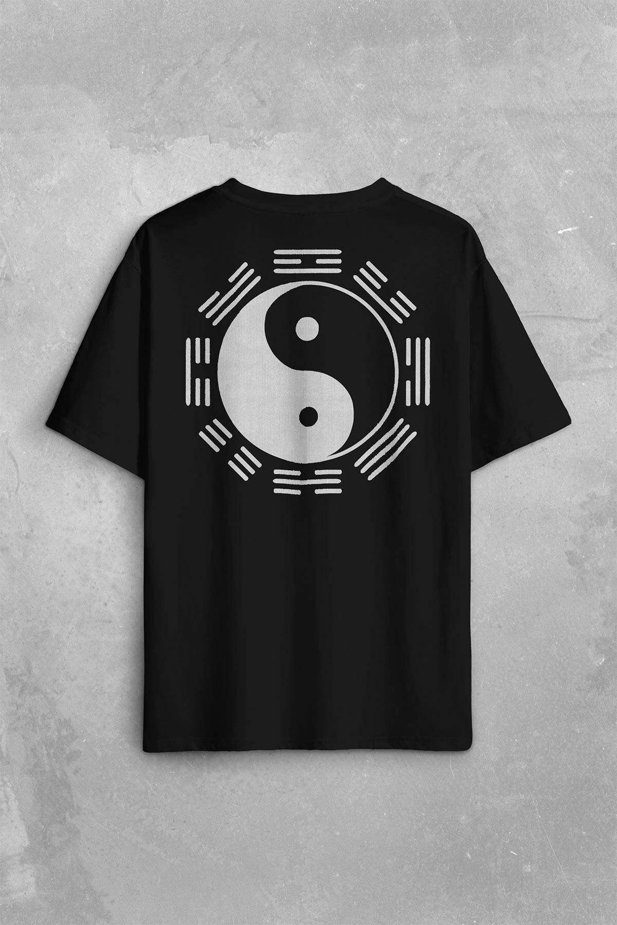 Siyah Ve Beyaz Ying Yang Pokemon Minimal Sırt Ön Baskılı Oversize Tişört Unisex T-Shirt