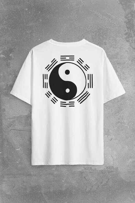 Siyah Ve Beyaz Ying Yang Pokemon Minimal Sırt Ön Baskılı Oversize Tişört Unisex T-Shirt - 1