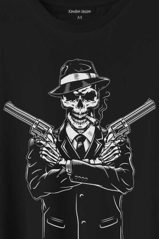 Skeleton Gangster Revolvers Suit Tabanca Baskılı Tişört Unisex T-Shirt - 2