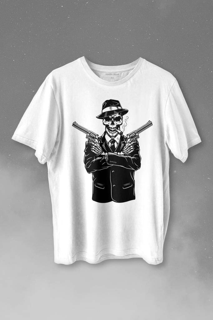 Skeleton Gangster Revolvers Suit Tabanca Baskılı Tişört Unisex T-shirt - 1