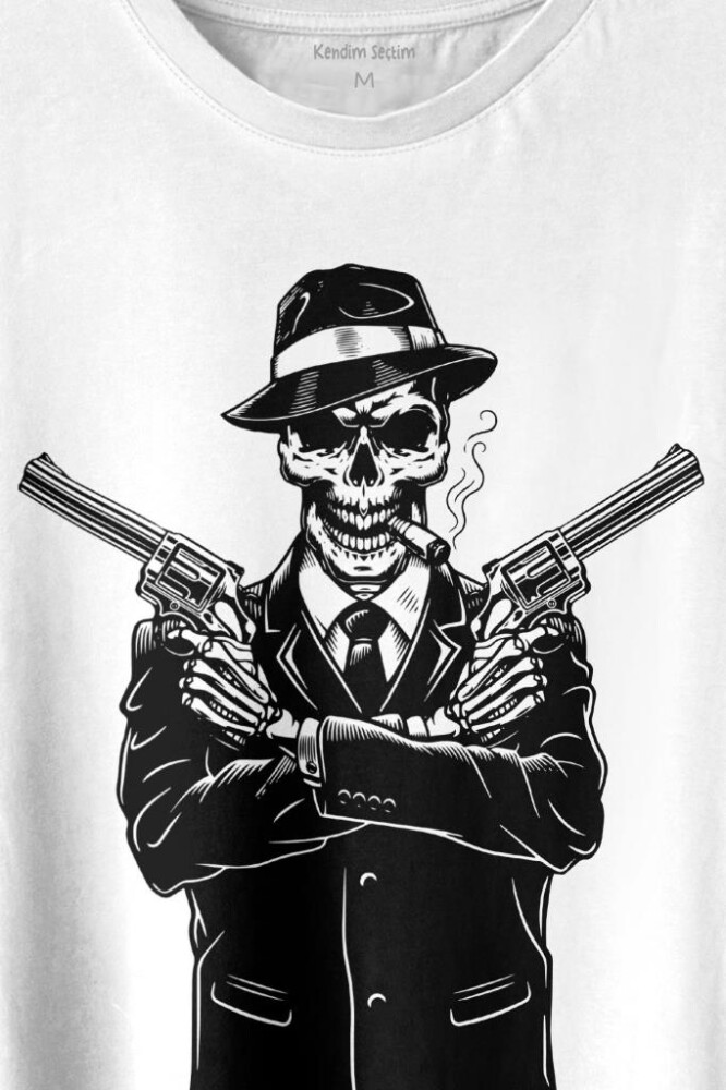 Skeleton Gangster Revolvers Suit Tabanca Baskılı Tişört Unisex T-shirt - 2
