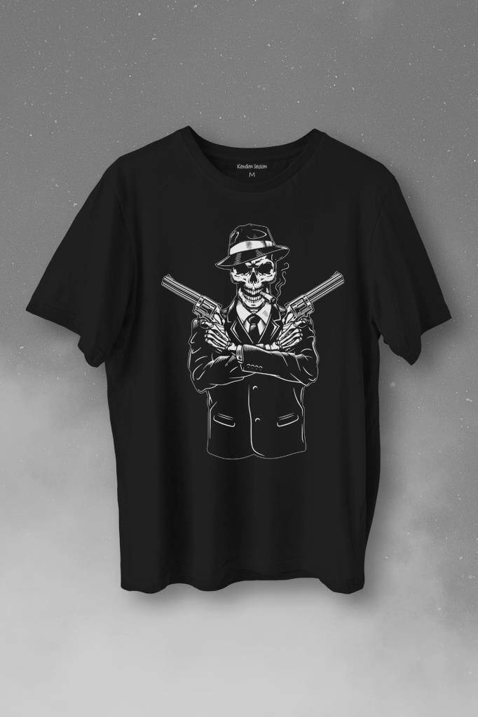 Skeleton Gangster Revolvers Suit Tabanca Baskılı Tişört Unisex T-Shirt - 1