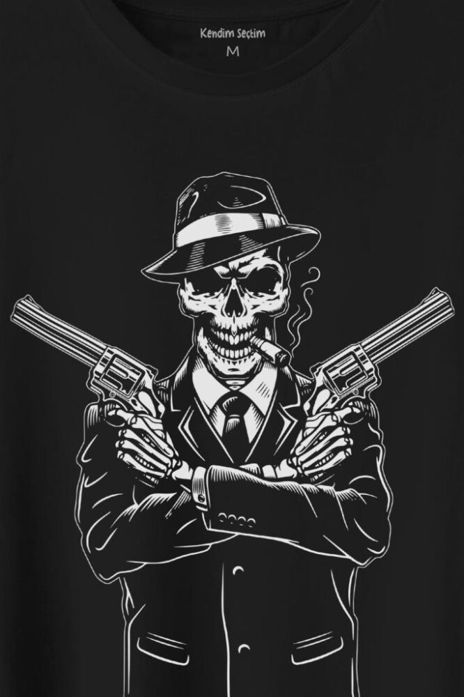 Skeleton Gangster Revolvers Suit Tabanca Baskılı Tişört Unisex T-Shirt - 2