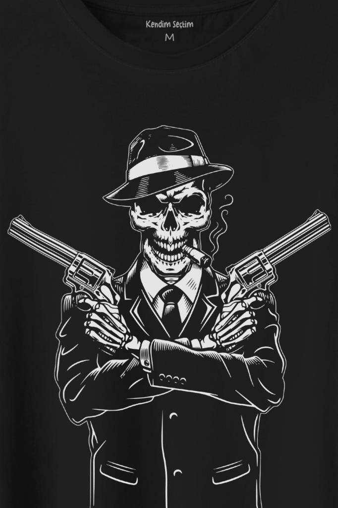 Skeleton Gangster Revolvers Suit Tabanca Baskılı Tişört Unisex T-Shirt - 2
