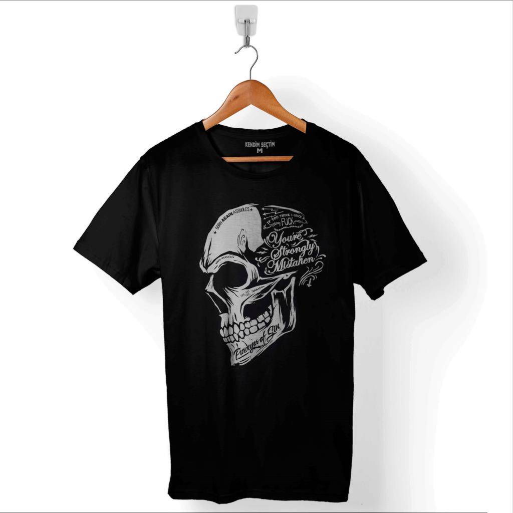 Skull Drawing Kuru Kafa Born Again Assholes Baskılı Tişört Unisex T-Shirt - 1