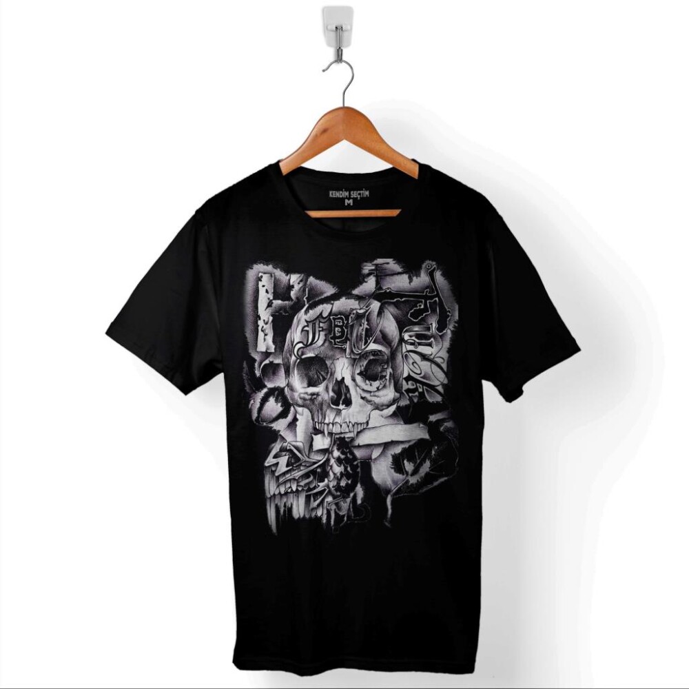 Skull Drawing Kuru Kafa Karayip Korsanları Baskılı Tişört Unisex T-Shirt - 1
